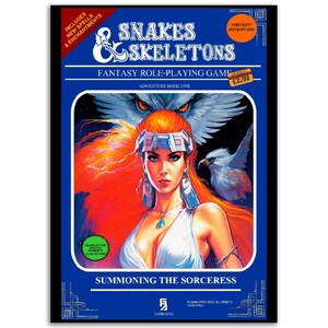 May include: A fantasy role-playing game cover featuring a woman with red hair and a white outfit, surrounded by a white eagle and a red and orange background. The title of the game is "Snakes & Skeletons" and the subtitle is "Summoning the Sorceress".