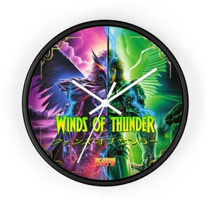May include: A black and white clock with a colorful image of a video game character. The clock face features the text "Winds of Thunder" and the Japanese text "ウインズ・オブ・サンダー".
