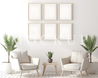 6 Frame Mockup, Minimalist Interior Mockup, Wood Frames, Stock Photo, Art Display, Instant Download, JPG file, 041