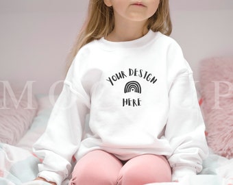 Kids Sweatshirt Mockup, White Gildan 18000B Sweatshirt, Kids Model Mockup, Cozy Stock Photo, JPG file, 029