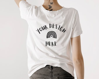 Frau T-shirt Mockup, weißes Hemd, Modell Mockup, minimalistisches Archivfoto, JPG-Datei, sofortiger Download