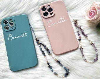 Linda funda de teléfono personalizada con encanto de teléfono de cristal, caso de teléfono de nombre personalizado, caso de iPhone con correa de teléfono de cuentas coloridas, caso de iPhone 14 pro