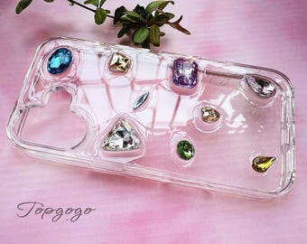 Colorful Rhinestone iPhone Case, Clear Resin Gem Phone Case,Sparkly Crystal Style iPhone Case,Cute Handmade Jeweled Bling Phone Case Gifts