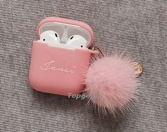 Custom AirPod Case With Pompom Keychain,Silicone AirPod Pro Case,pom pom Airpod 3 Case, Personalized Name Airpods Pro 2 Case,Gifts For Her