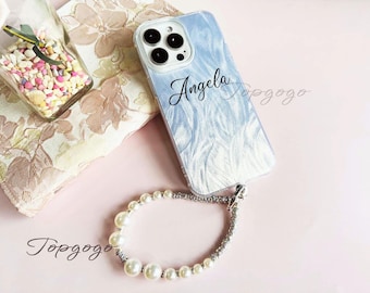 Custom Luxury Feather Laser Phone Case with Beaded Chain Strap,Glitter Personalized iPhone Case,iPhone 17 pro max,Gifts for Her