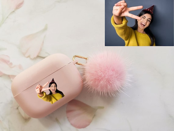 Custom AirPod Pro Case With Pom Pom Keychain,Shock Proof Holder Cover for Silicone cute AirPods Pro Case Fur Ball,Personalized photo Gift