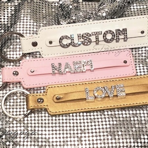 Custom Rhinestone Name Keychain,Bling Personalized Leather Keychain Accessories,Word Goth Initial Letters Car Keychain,Gifts For Women Men