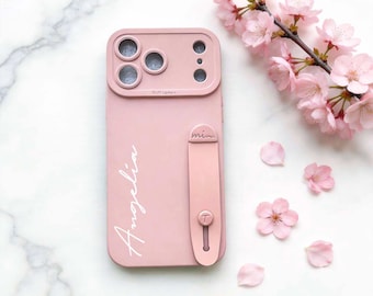 Pink Personalized Name Phone Case for iPhone, Custom Text Case with Wrist Strap Stand, Kickstand Phone Case Gift for Her,iPhone 17 pro max