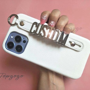 Custom Name Leather Phone Case,Personalized WristBand Belt Strap iPhone Case,Silver Letters For iPhone Case,iPhone 14 pro,iPhone 15 Pro Max