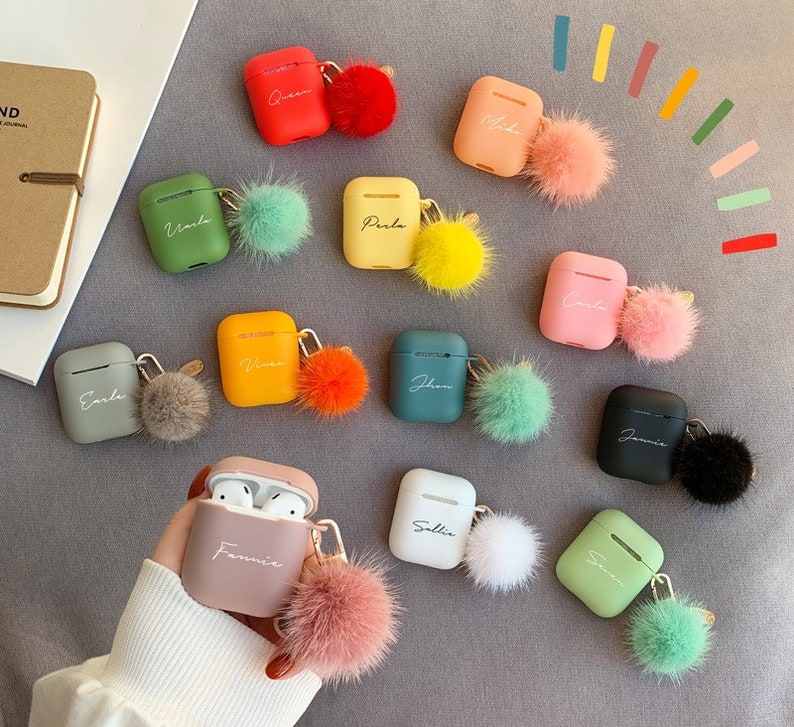 Custom AirPod Case Cute With Pom Pom Keychain,Silicone AirPod Pro Case, AirPod 3 case With Fur Ball,Personalized AirPod Pro 2,Gifts For Her image 1