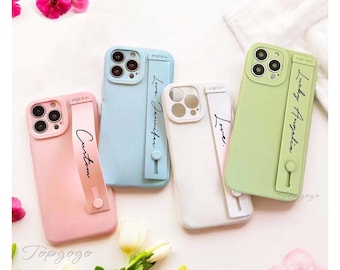 Custom Name Strap Phone Case,Personalized Wrist Band Belt Phone Case,Initial For iPhone Case With Built In Grip,iPhone 15 Pro Max Case Cute
