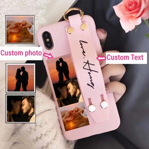 May include: Pink phone case with a custom photo collage and a strap with the text "love. always".