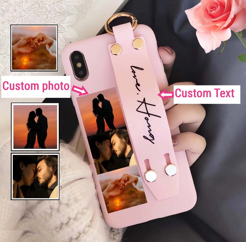 May include: Pink phone case with a custom photo collage and a strap with the text "love. always".