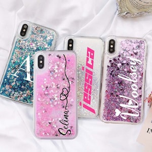 Aangepaste vloeibare glitter telefoonhoesje, telefoonhoesje gepersonaliseerd monogram, Bling iPhone 16-hoesje, voornaam iPhone 15 pro max, Samsung, cadeaus voor haar