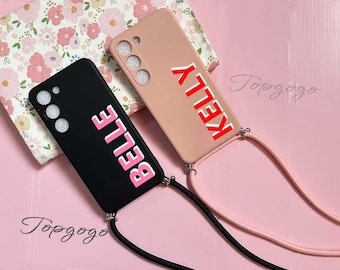 Custom Name Crossbody Case for Samsung Galaxy S24 S23 S22 Ultra Plus A54 A53, 3D Shadow Text Personalized Phone Cover with Strap Lanyard