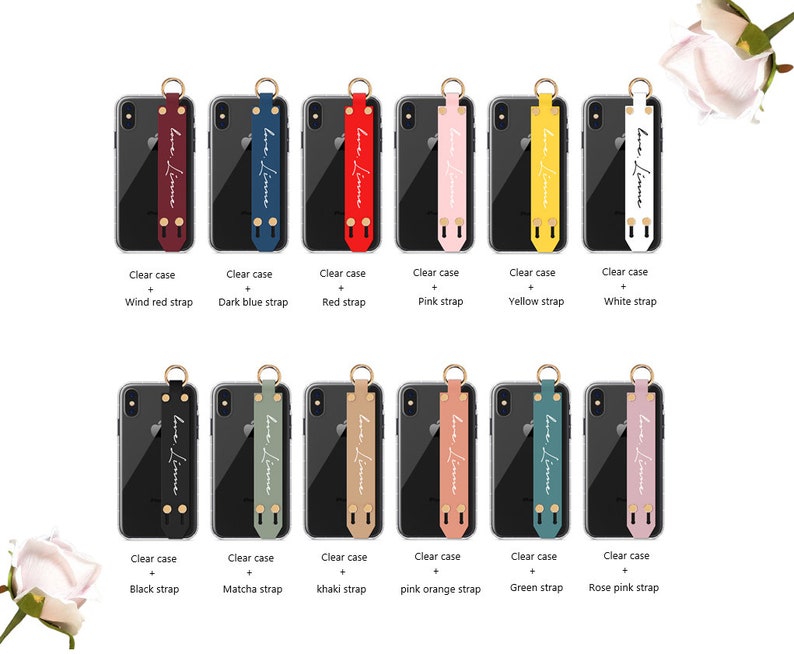 May include: A collection of clear phone cases with various colored straps. Each strap features the text "love. Linne" and comes in colors like red, blue, pink, yellow, white, black, green, and more. The cases are displayed against a white background.