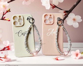 Custom Name Phone Case with Bead Phone Charms,Personalized Wrist Strap Phone Case, iPhone 16 Case With Bling Phone Accessories,Gifts For her