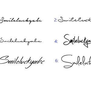 May include: Six different handwritten signatures of the name "Smileluckyabc" in black ink on a white background.