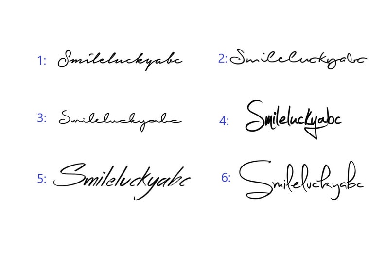 May include: Six different handwritten signatures of the name "Smileluckyabc" in black ink on a white background.