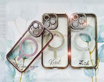 Custom Magnetic Phone Case, Personalized Name Rhinestone Clear  Magnetic Wireless iPhone Case,Pink Gold Luxury Case For iPhone 17, iPhone 16