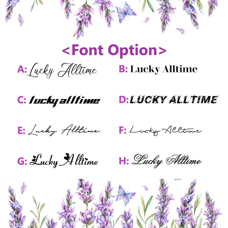 Op de afbeelding: Een grafiek met acht verschillende lettertypen voor de tekst "Lucky Alltime". De lettertypen vari&euml;ren van eenvoudig en elegant tot vet en speels.
