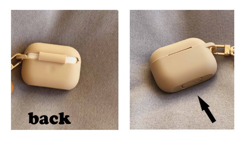 May include: A beige silicone case for AirPods with a gold chain attached. The case has a small opening on the top for charging. The back of the case is shown in the image, with the word "back" printed below it.