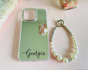 Custom Luxury Mirror Phone Case with Beaded Chain Strap,Cute Personalized iPhone Case For Makeup,iPhone 16 pro max,Gifts for Her