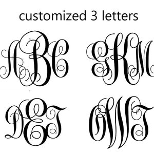 May include: Four examples of customized 3-letter monograms in a classic, elegant script. The monograms are in black against a white background. The top left monogram is ABC, top right is GKM, bottom left is DEG, and bottom right is ONT.