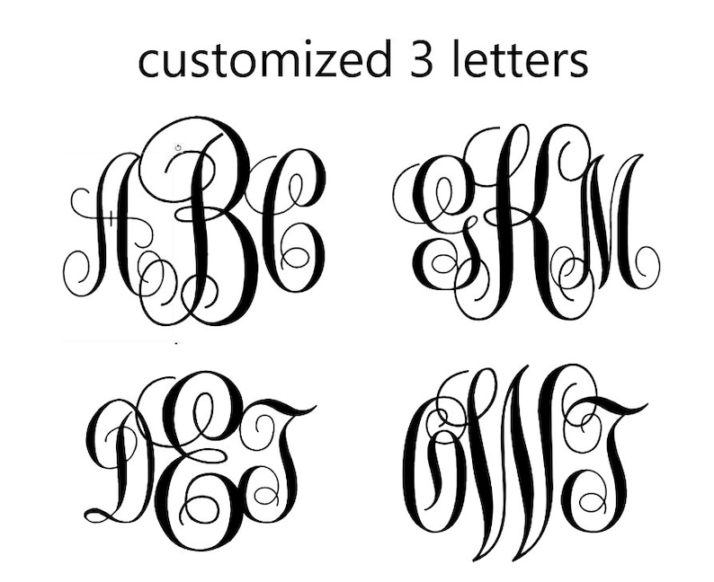 May include: Four examples of customized 3-letter monograms in a classic, elegant script. The monograms are in black against a white background. The top left monogram is ABC, top right is GKM, bottom left is DEG, and bottom right is ONT.