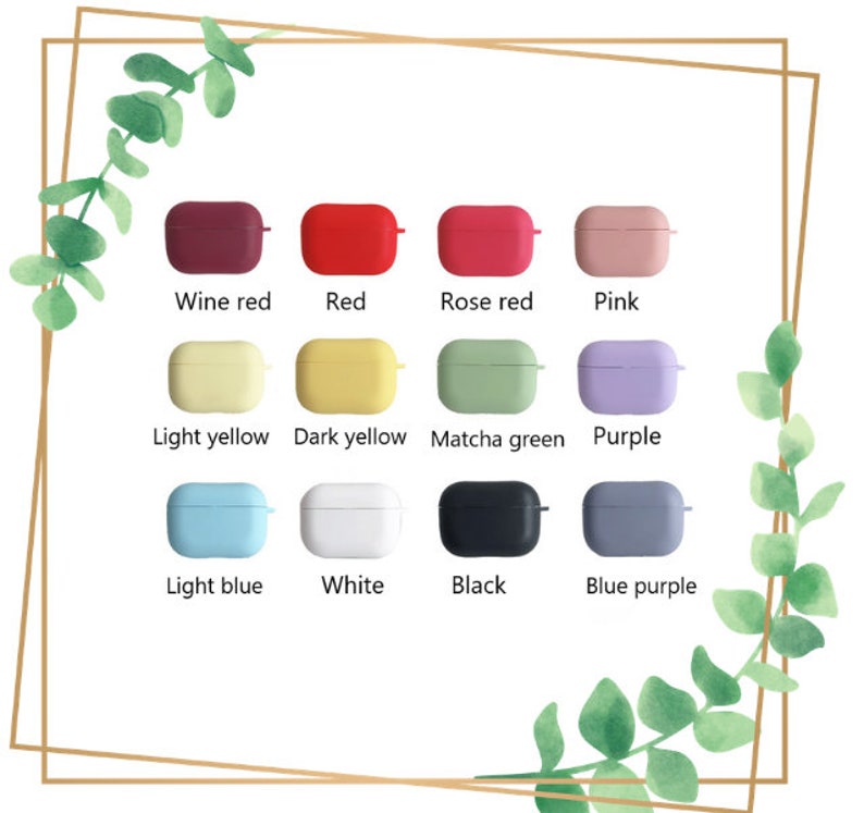May include: Assortment of 10 silicone Airpods cases in various colors, including wine red, red, rose red, pink, light yellow, dark yellow, matcha green, purple, light blue, white, black, and blue purple.