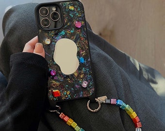 Mirror Phone Case para maquillaje, Crystal iPhone Case, Bling iPhone Case Wrist Strap Belt, Lindo teléfono Charm iPhone 13 Pro Case, iPhone 14 Pro Max