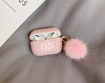 Custom Monogram AirPod Pro Case With Pompoms Keychain,Shock Proof Holder Cover Organizer for Silicone AirPod Pro Case,Personalized Gift