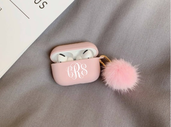 Custom Monogram AirPod Pro Case With Pompoms Keychain,Shock Proof Holder Cover Organizer for Silicone AirPod Pro Case,Personalized Gift