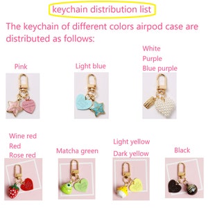 May include: Keychain distribution list showing different colored Airpod cases with charms. The charms include a pink star and heart, a light blue heart and star, a white pearl heart and a gold charm, a green monster and heart, a yellow ice cream cone and heart, and a brown chocolate heart and a gold charm.