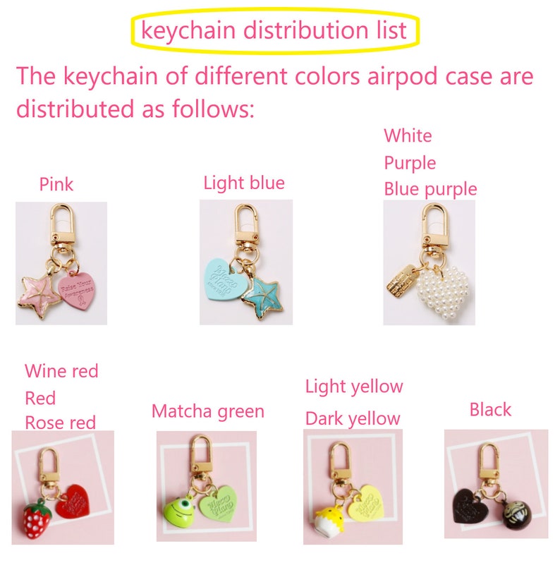 May include: Keychain distribution list showing different colored Airpod cases with charms. The charms include a pink star and heart, a light blue heart and star, a white pearl heart and a gold charm, a green monster and heart, a yellow ice cream cone and heart, and a brown chocolate heart and a gold charm.