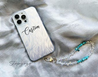 Personalized Luxury Feather Laser Phone Case with Turquoise Beaded Charm Strap,Glitter iPhone Case,iPhone 17 pro max,Huawei Phone Case