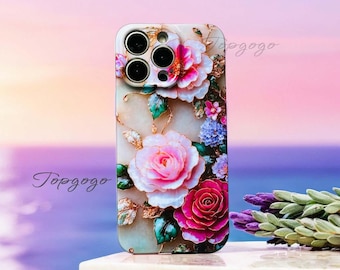Rose Flower Pattern Phone Case,Cute Leaf Plants iPhone Case,Cute Case For iPhone 16, iPhone 15,Gifts For Her,Birthday Gifts,Gifts for mom