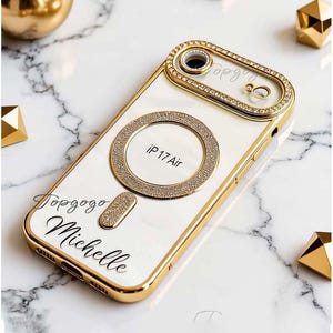 Custom Name Luxury Clear iPhone Case with Rhinestone Gold Frame, Magnetic Transparent Personalized Cover for iP 17 16 15 Pro Max,Gift Her