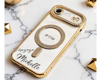 Custom Name Luxury Clear iPhone Case with Rhinestone Gold Frame, Magnetic Transparent Personalized Cover for iP 17 16 15 Pro Max,Gift Her