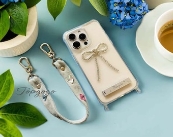 Custom Name Bow Phone Case with Foldable Holder,Personalized Phone Case Denim Rhinestone Wrist Strap,Clear iPhone Case,iPhone 17 pro max