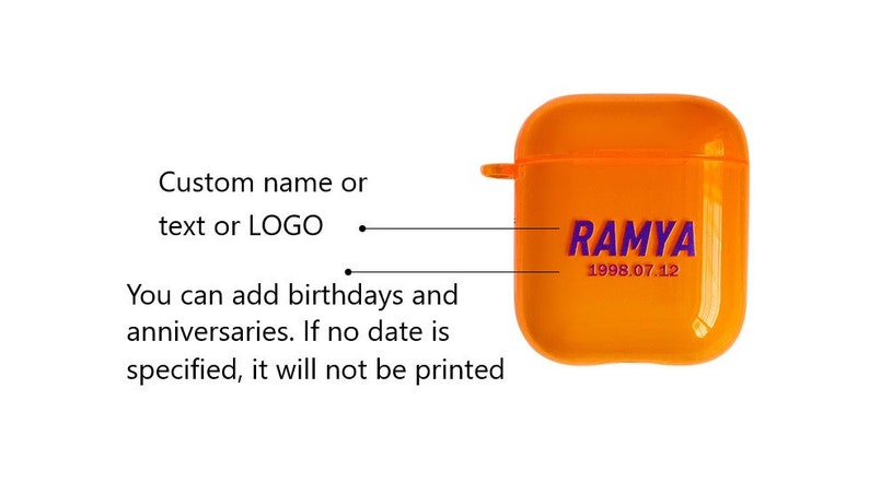 K&ouml;nnte beinhalten: Orangefarbene Airpods-H&uuml;lle mit einer violetten Aufschrift "RAMYA 1998.07.12".