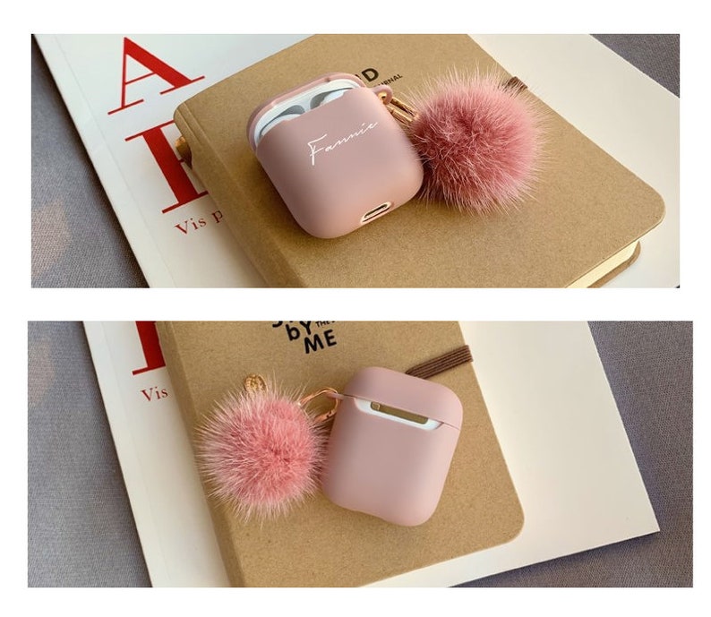 Custom AirPod Case Cute With Pom Pom Keychain,Silicone AirPod Pro Case, AirPod 3 case With Fur Ball,Personalized AirPod Pro 2,Gifts For Her image 4