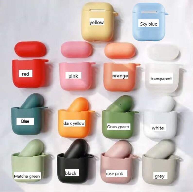 May include: Assortment of 14 silicone cases for wireless earbuds in various colours, including red, pink, orange, yellow, blue, green, black, white, grey, and transparent. Each case has a different colour and is labelled with its colour name.