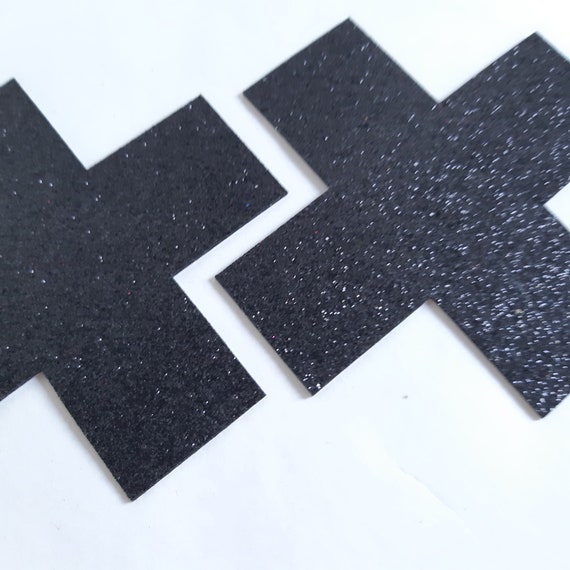 Black Glitter Cross X Nipple Pastie Stickers Self Adhesive Rubber Gummi 