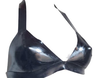 Black Latex Halter Bra Top: Soft Cup Bikini