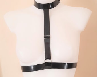 Black Latex D Ring Chest Harness with Collar