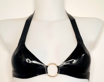 Black Latex Gold O Ring Bralette Soft Bra Top Rubber Bra