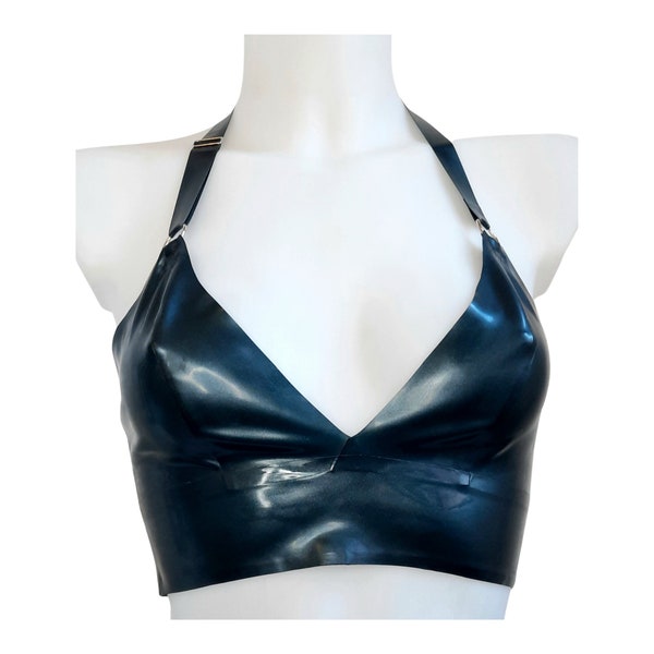 Metallic Black Latex cropped Bralette Soft Bra Top Rubber Bra