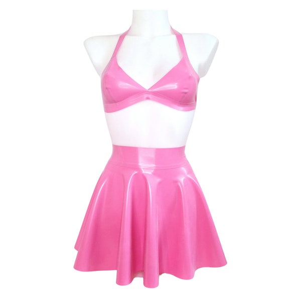 Bubblegum Pink Latex Bralette, Knickers & Skater Skirt Set