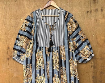 Block Print Cotton Midi Dress: Bohemian Deep Neck Summer Dress